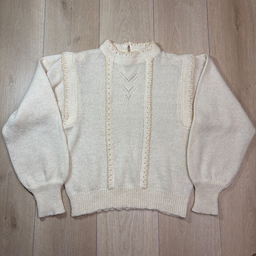 Vintage Alberoy Ivory Mohair Blend Mock Neck Crochet Puff Sleeve Sweater Cottage